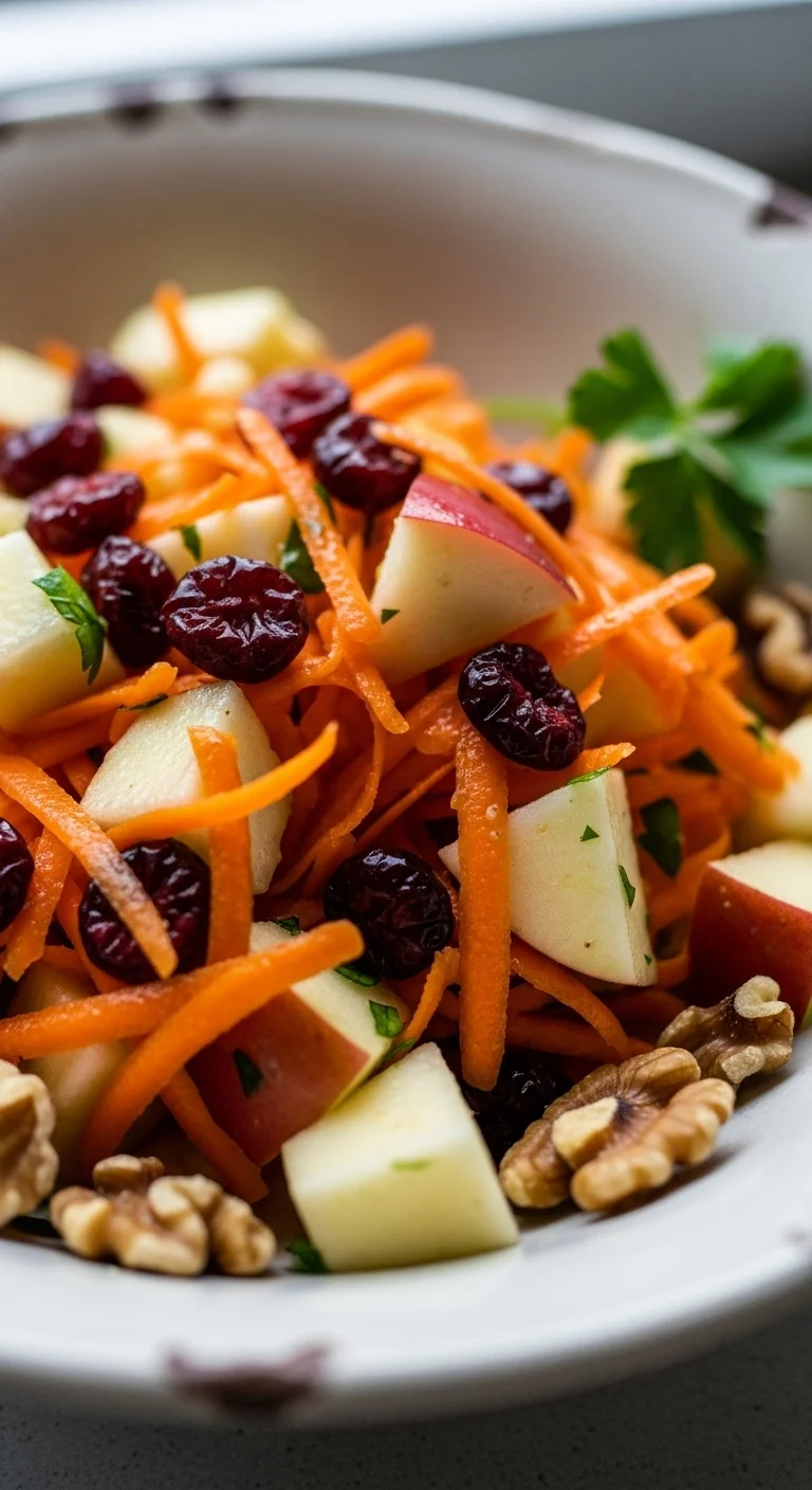 Close-up of crisp apple cranberry salad with carrots, showcasing vibrant colors and textures.