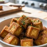 Close-up of crispy golden garlic butter tofu bites, glistening with savory sauce.