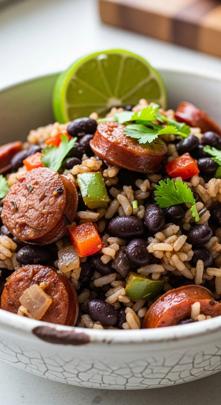 Close-up of flavorful black beans and rice with sausage cooking in one pot.