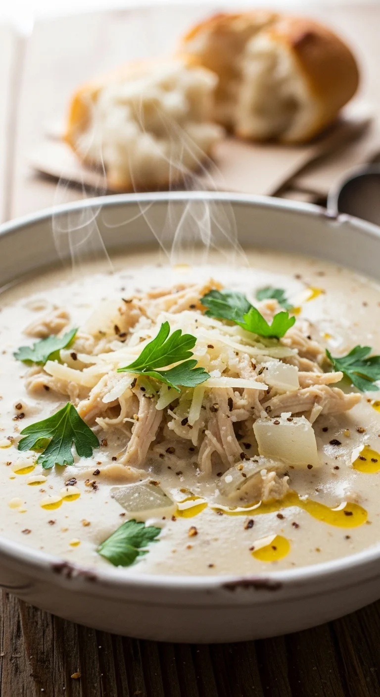 Bowl of creamy chicken parmesan soup with crusty bread for dipping.