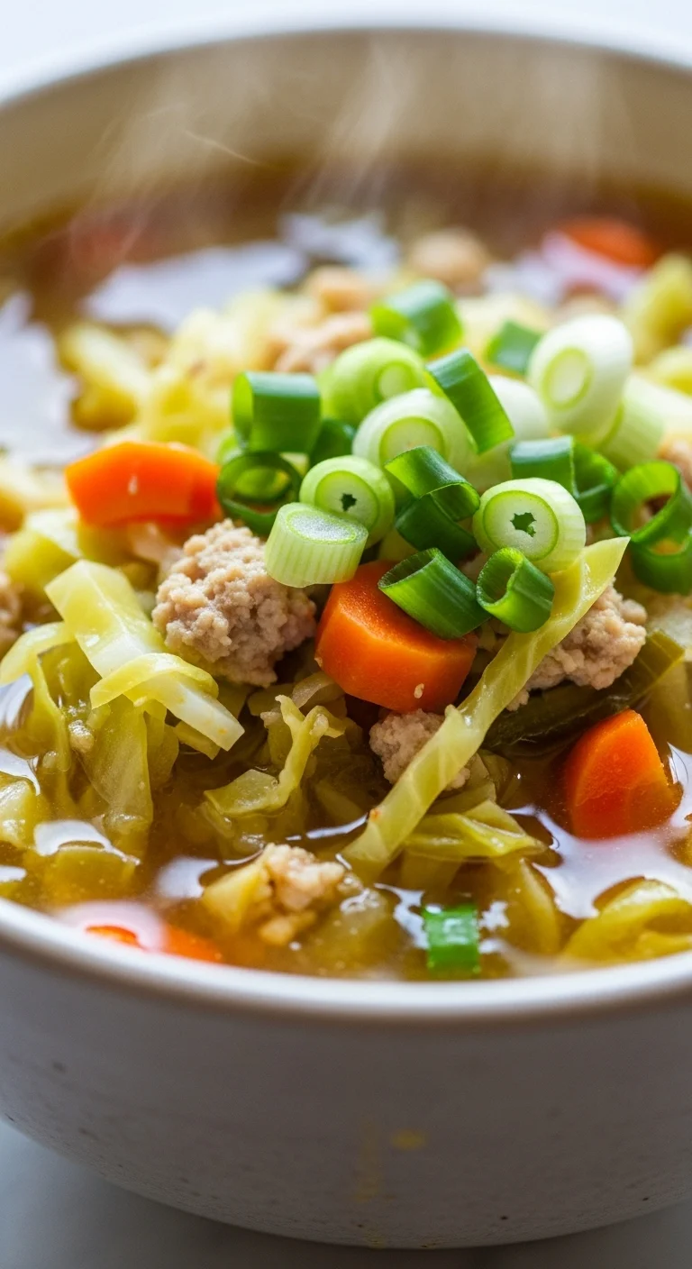 Bowl of delicious egg roll soup, gluten-free recipe, ready in 40 minutes.