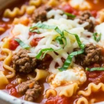 Close-up of Easy One-Pot Lasagna Soup Recipe with ricotta cheese and fresh basil, steaming and ready to eat.