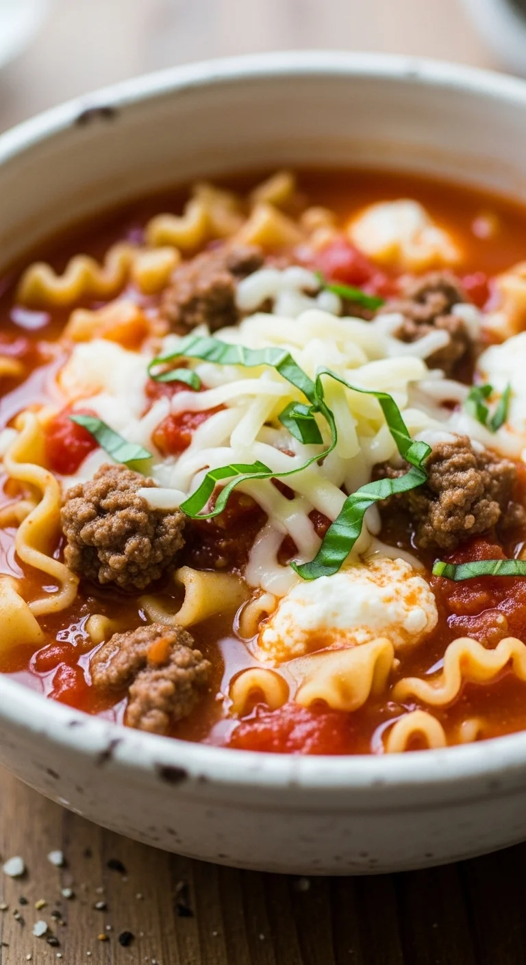 Close-up of Easy One-Pot Lasagna Soup Recipe with ricotta cheese and fresh basil, steaming and ready to eat.