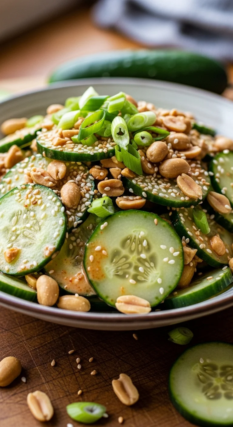 Ingredients for spicy peanut cucumber salad including cucumbers, peanuts, dressing, and spices.