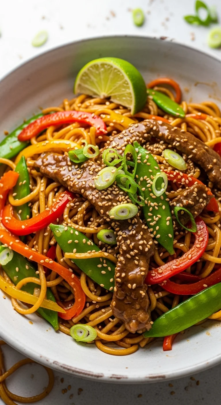 Detailed view of the sticky beef noodles showing the individual strands of noodles and pieces of beef.