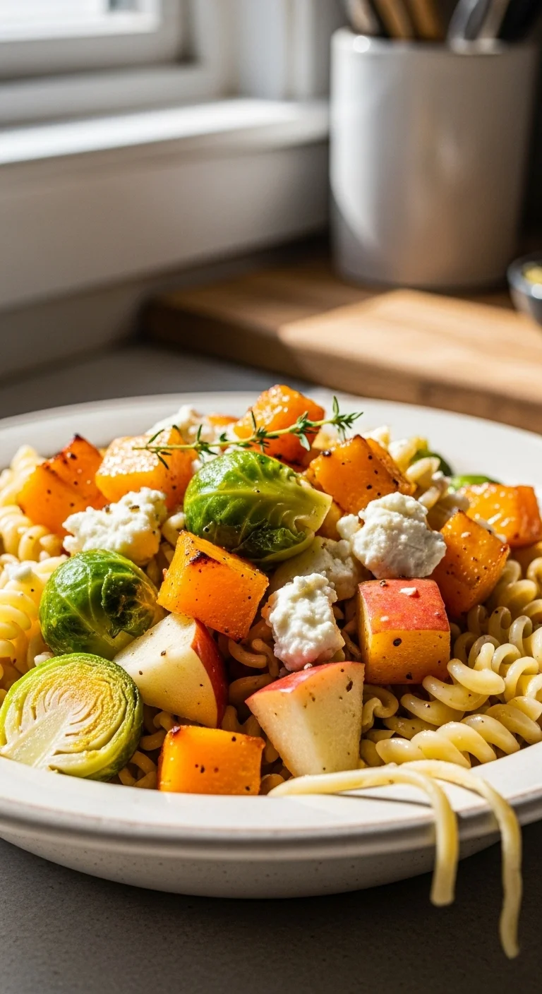 Ingredients for Fall Pasta Salad including butternut squash, Brussels sprouts, apples, pasta, and maple Dijon dressing.