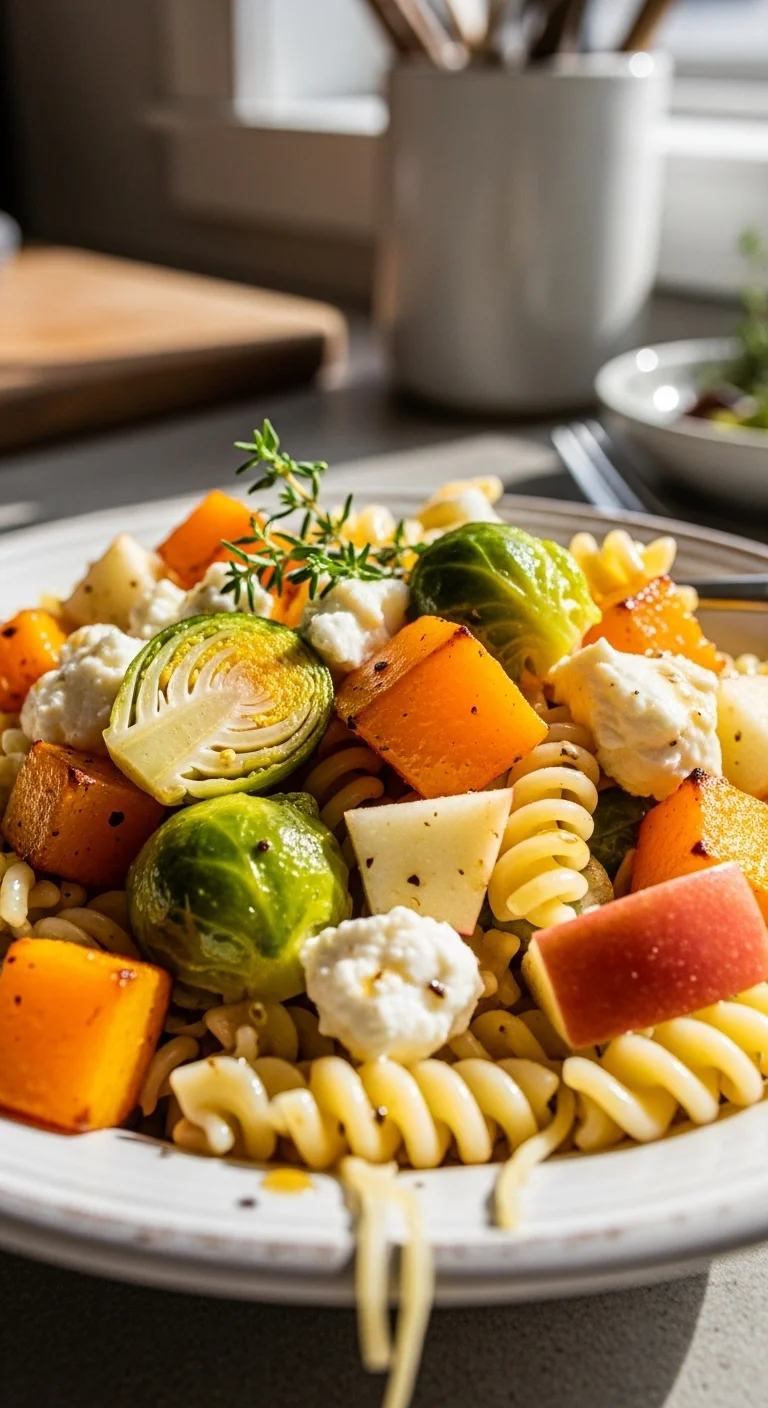 Close-up of a vibrant Fall Pasta Salad with roasted butternut squash, Brussels sprouts, and a maple Dijon dressing.
