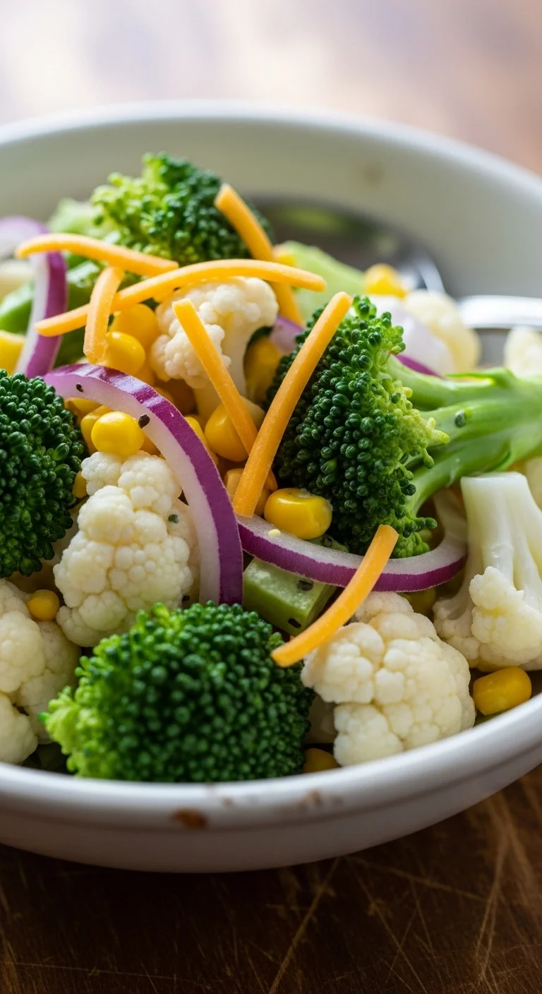 Fresh broccoli, cauliflower, and other ingredients prepared for making broccoli cauliflower salad.