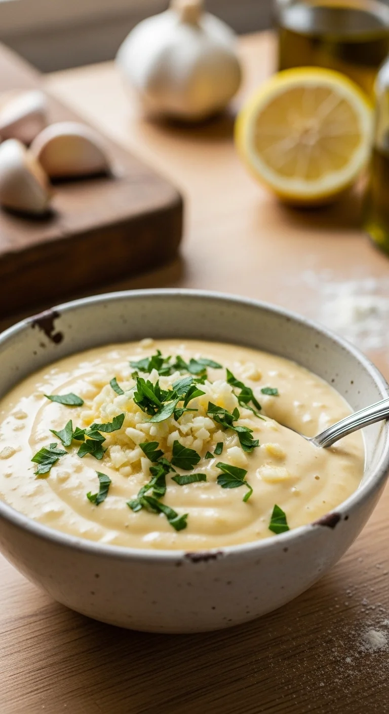 Step-by-step photo of making garlic aioli, showing the creamy texture, garlic aioli recipe.
