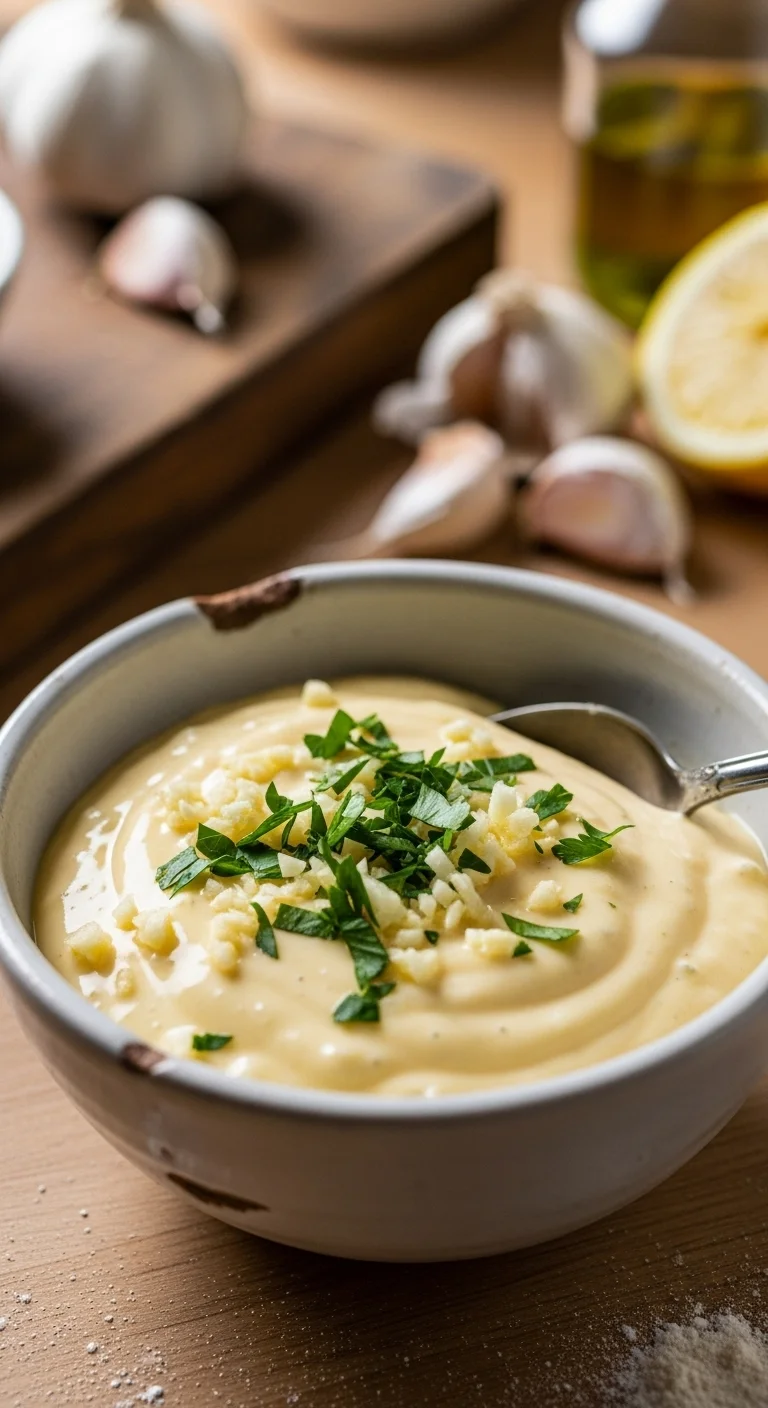 Close-up of creamy garlic aioli, perfect for dipping, homemade garlic aioli recipe.