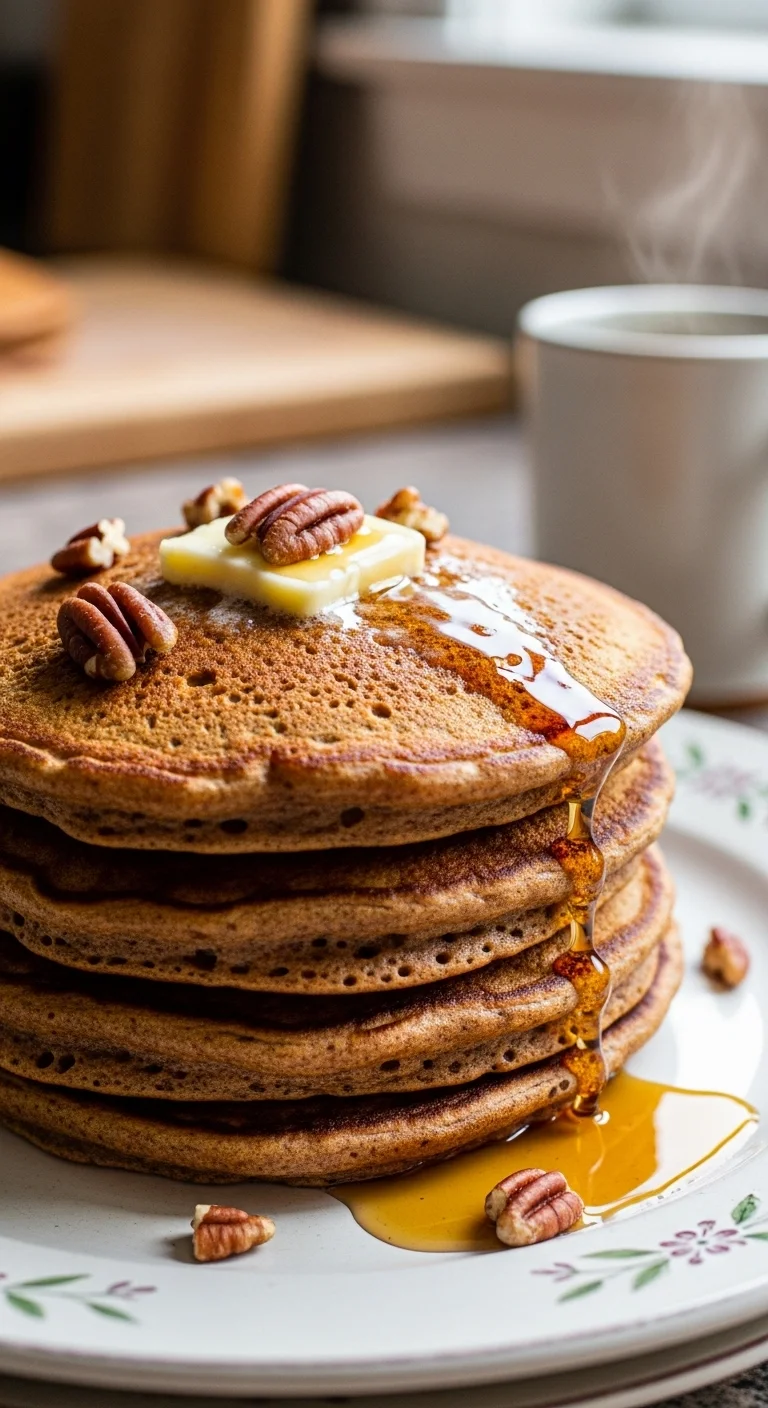 Close-up view of gingerbread pancakes cooking on a griddle, showing the fluffy texture and golden-brown color.