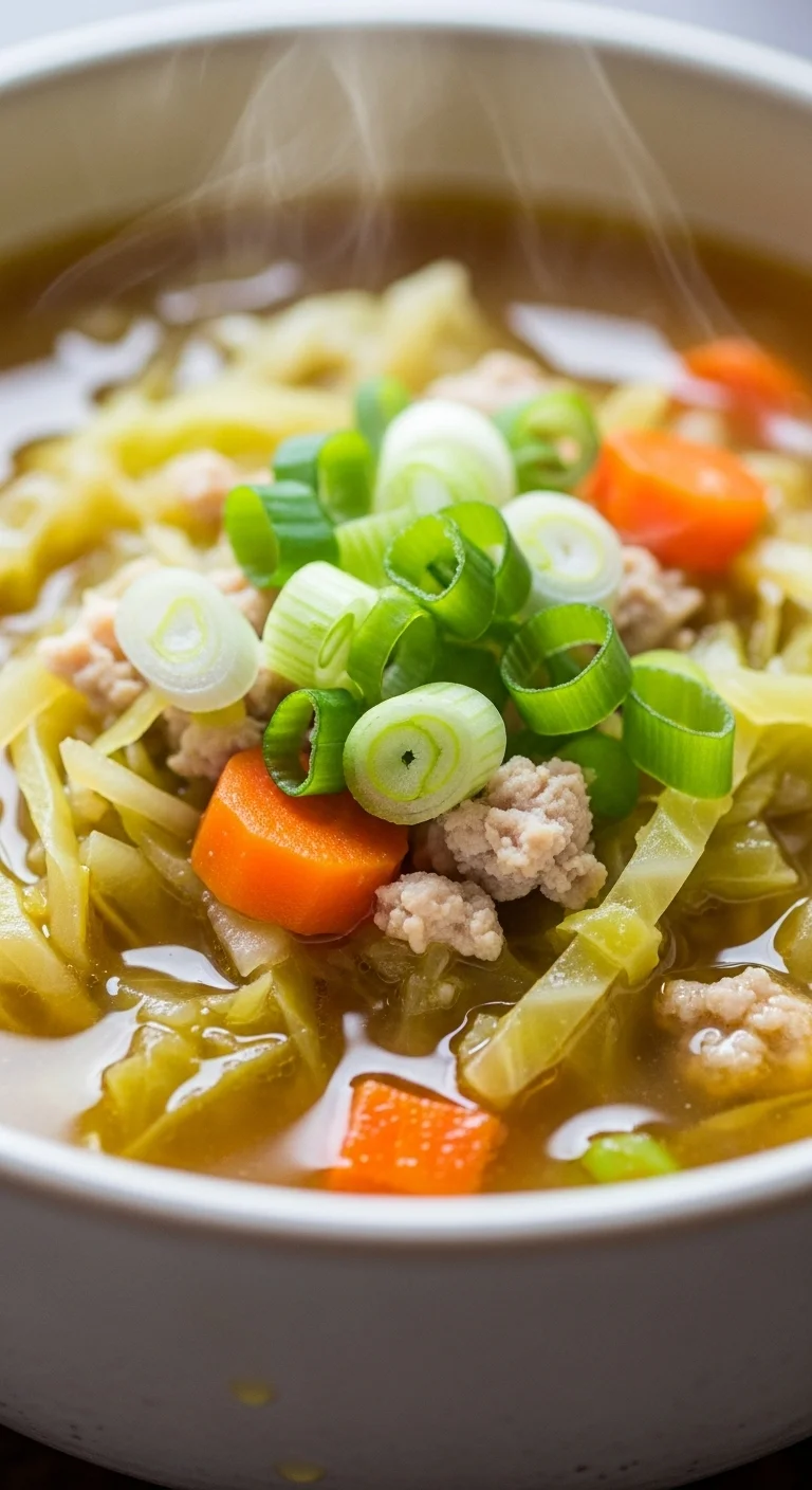 Close-up of a bowl of gluten-free egg roll soup, showing texture and ingredients.