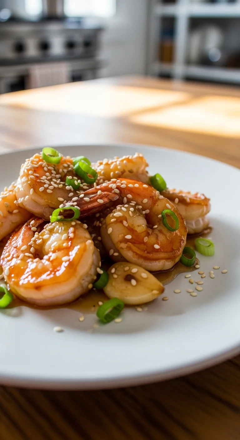 Close-up of glistening honey garlic shrimp, ready to eat. Quick and easy dinner recipe.