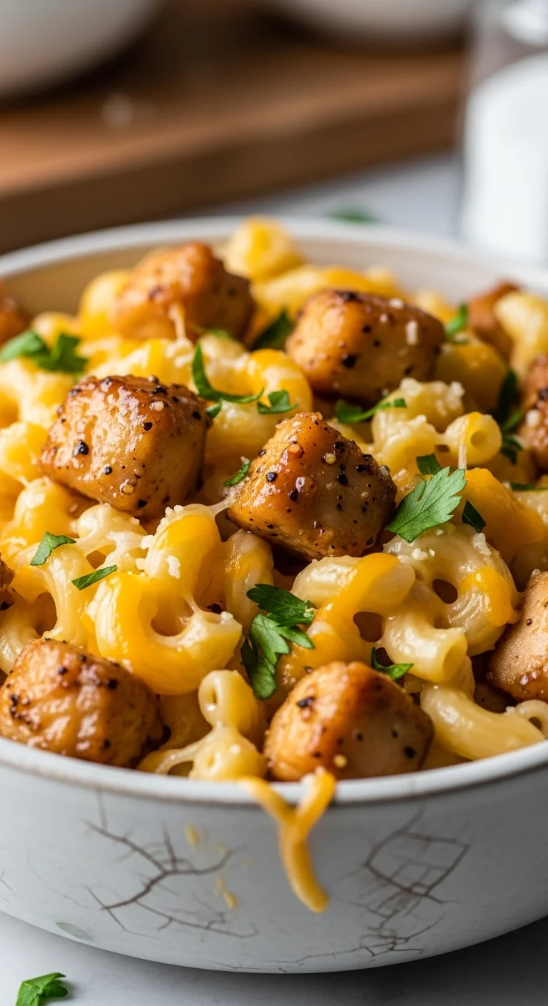 A close-up shot of honey pepper chicken mac and cheese highlighting the creamy cheese sauce and glazed chicken.