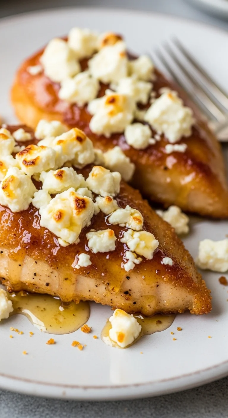 Close-up of golden brown crispy hot honey chicken topped with crumbled feta cheese.