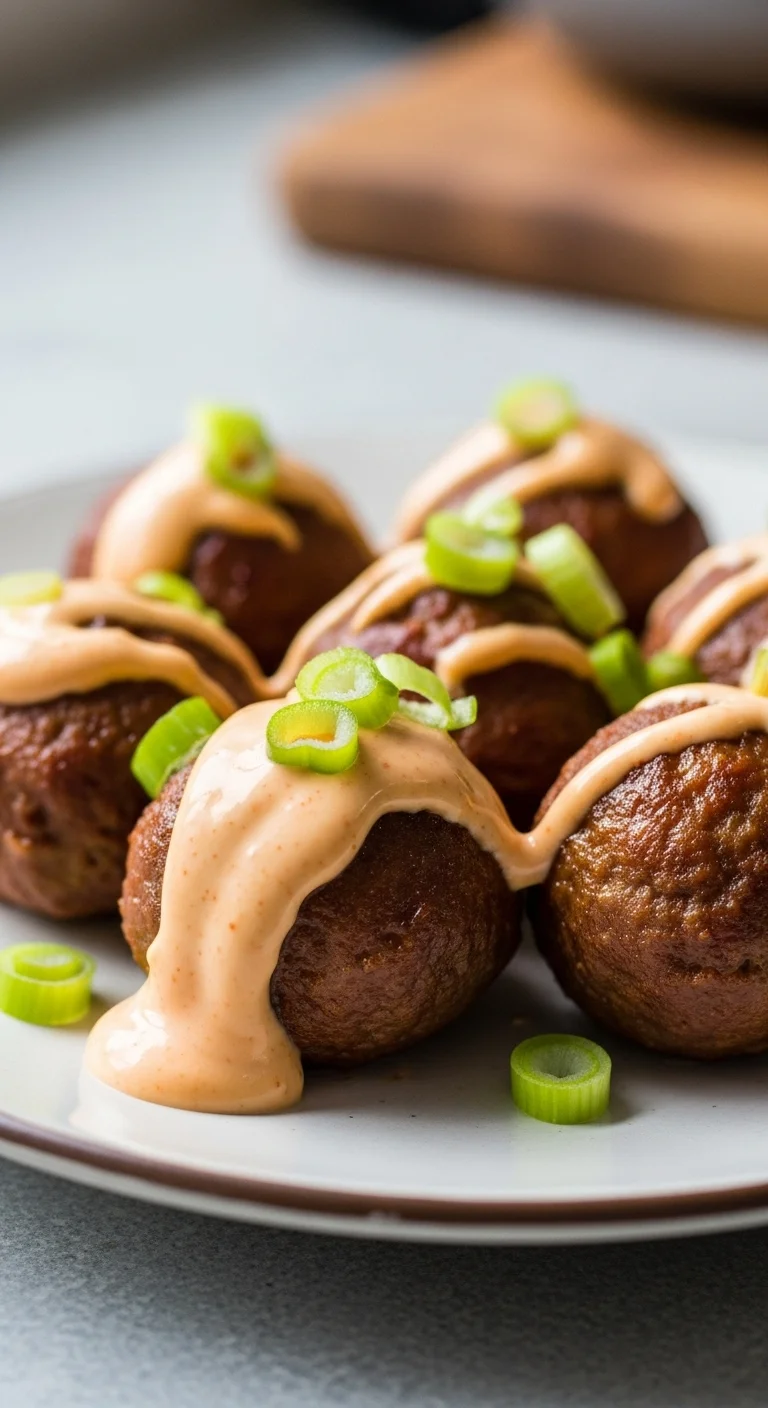 Juicy Korean BBQ meatballs served with a creamy spicy mayo dip. Perfect for a quick and flavorful meal!