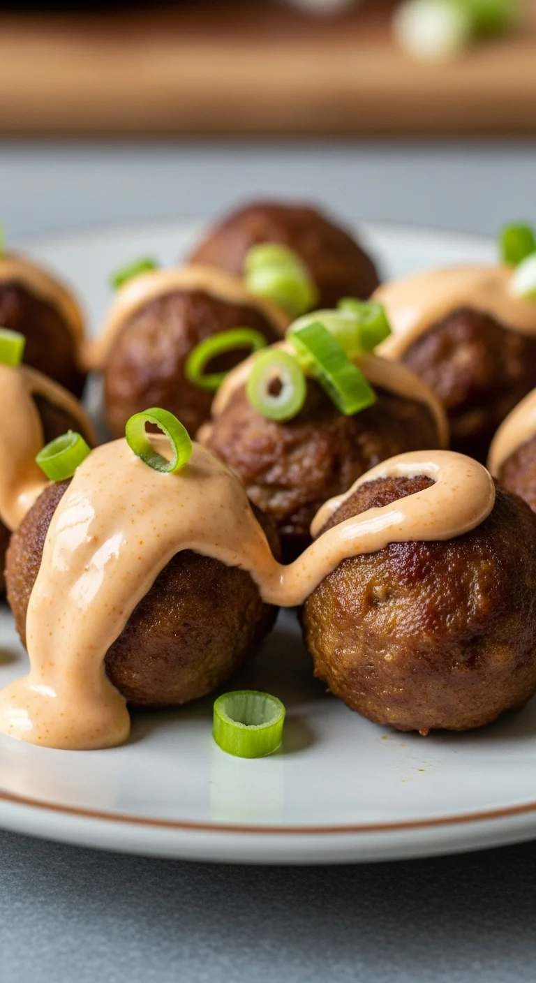 Close-up of Korean BBQ meatballs with spicy mayo, showcasing their juicy texture and vibrant glaze.