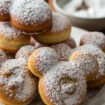 Golden Mickey Mouse beignets covered in powdered sugar, a delicious Disney-inspired treat.