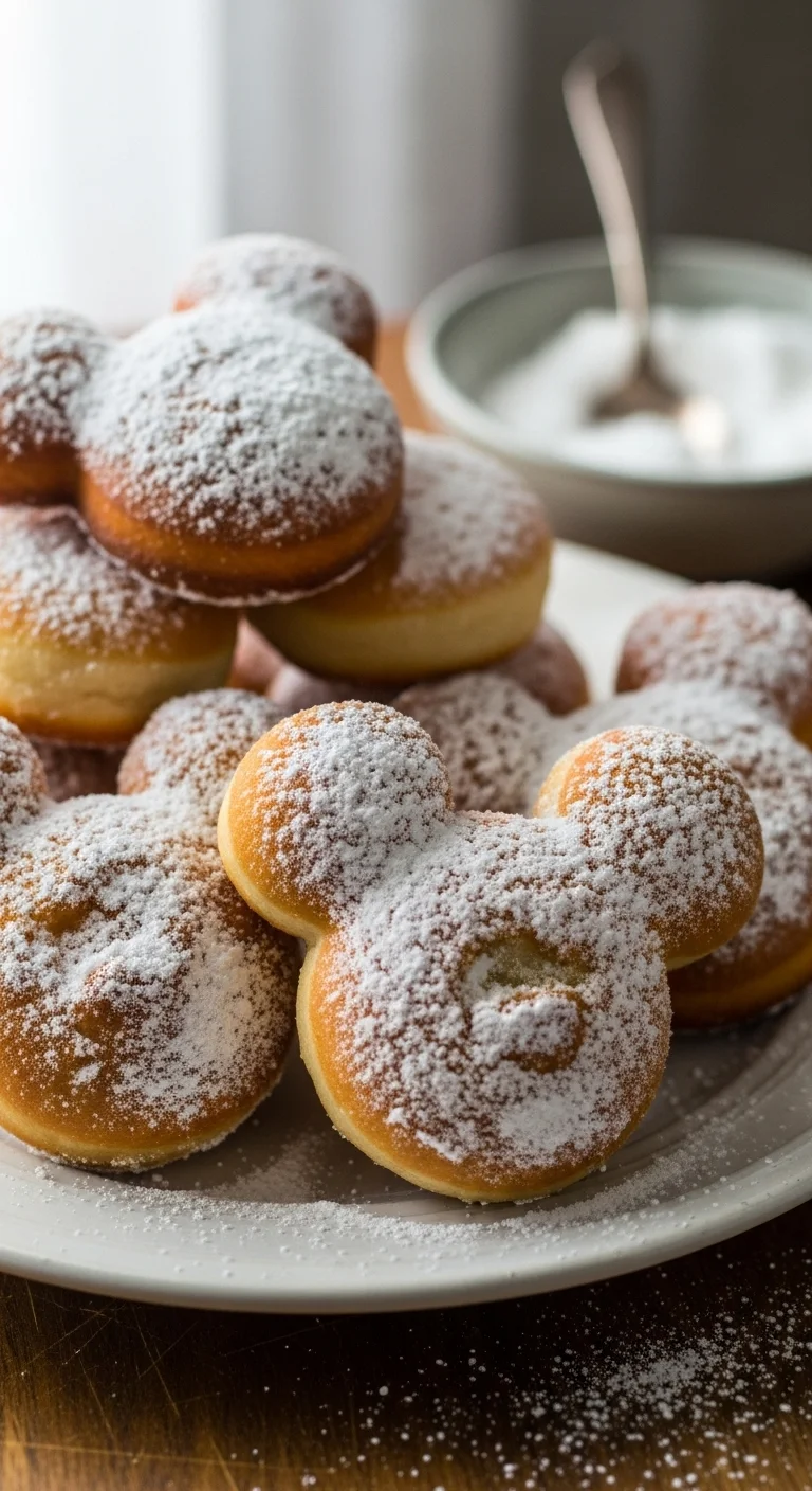 Golden Mickey Mouse beignets covered in powdered sugar, a delicious Disney-inspired treat.