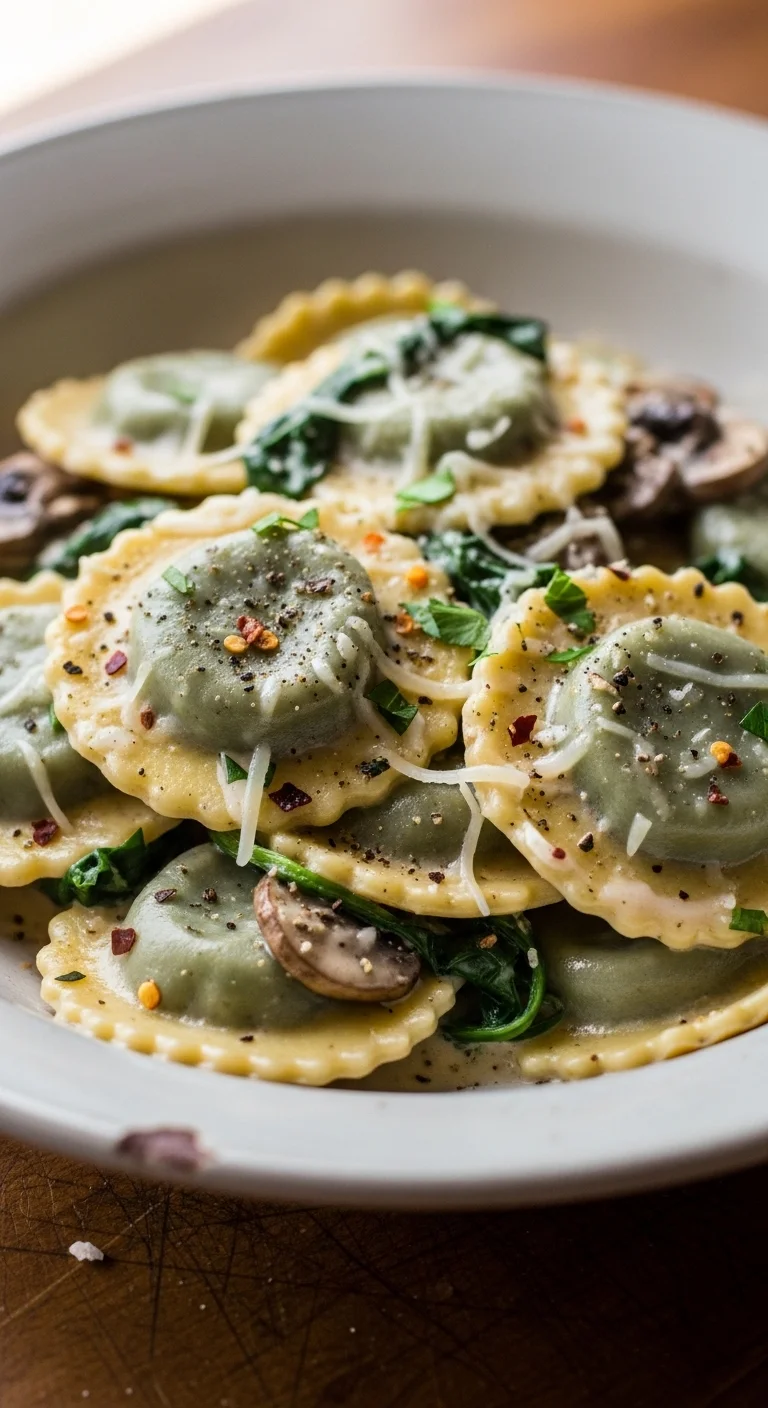 Step-by-step image showing creamy mushroom sauce being mixed with spinach and ravioli.