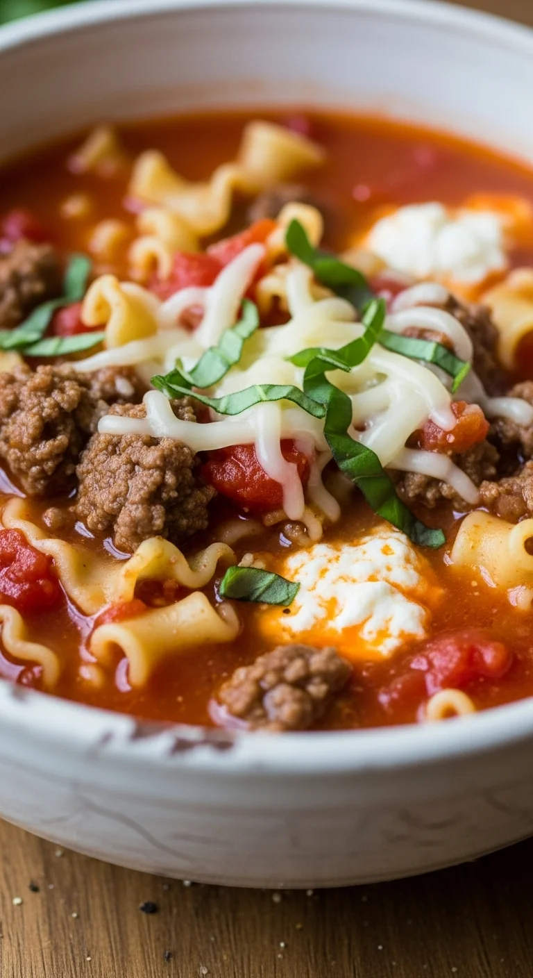 Step-by-step image of making the one-pot lasagna soup recipe, showing ingredients in a pot and being stirred.