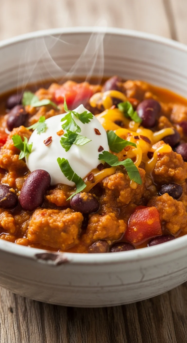 Close-up shot of pumpkin chili with spicy sausage showcasing the texture and ingredients. Perfect for a fall dinner.