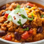 Bowl of creamy pumpkin chili with spicy halal sausage, topped with sour cream and cilantro. A delicious and comforting pumpkin chili recipe.