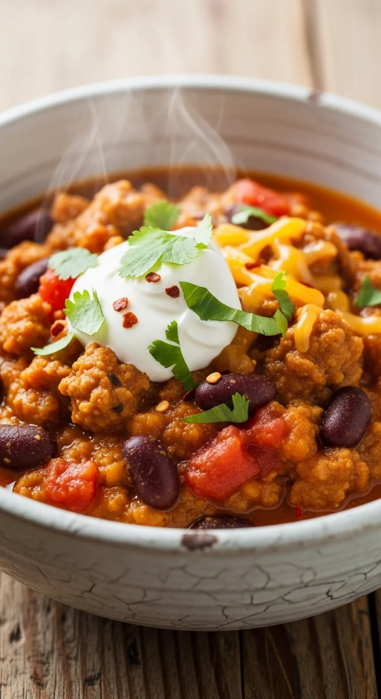 Bowl of creamy pumpkin chili with spicy halal sausage, topped with sour cream and cilantro. A delicious and comforting pumpkin chili recipe.