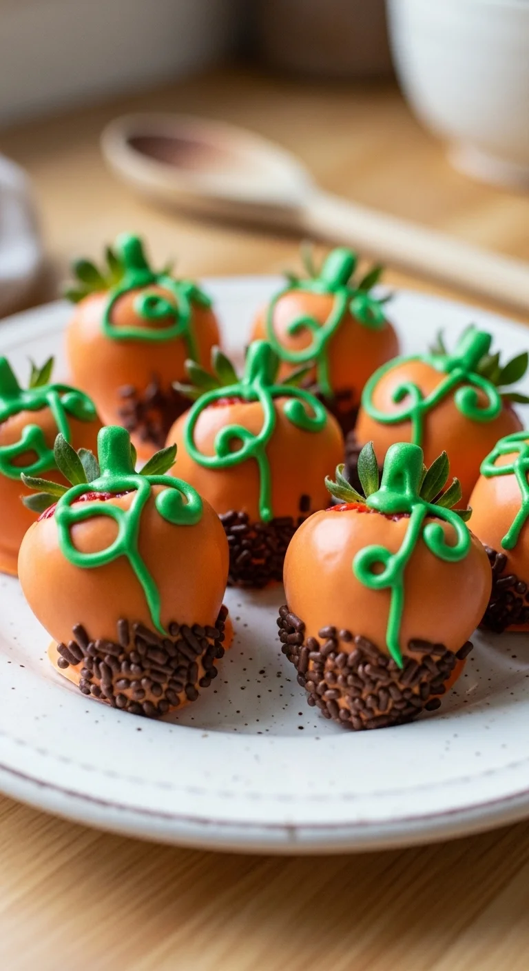 Step-by-step image showing how to create pumpkin patch strawberries. Includes chocolate covered strawberries and green frosting.