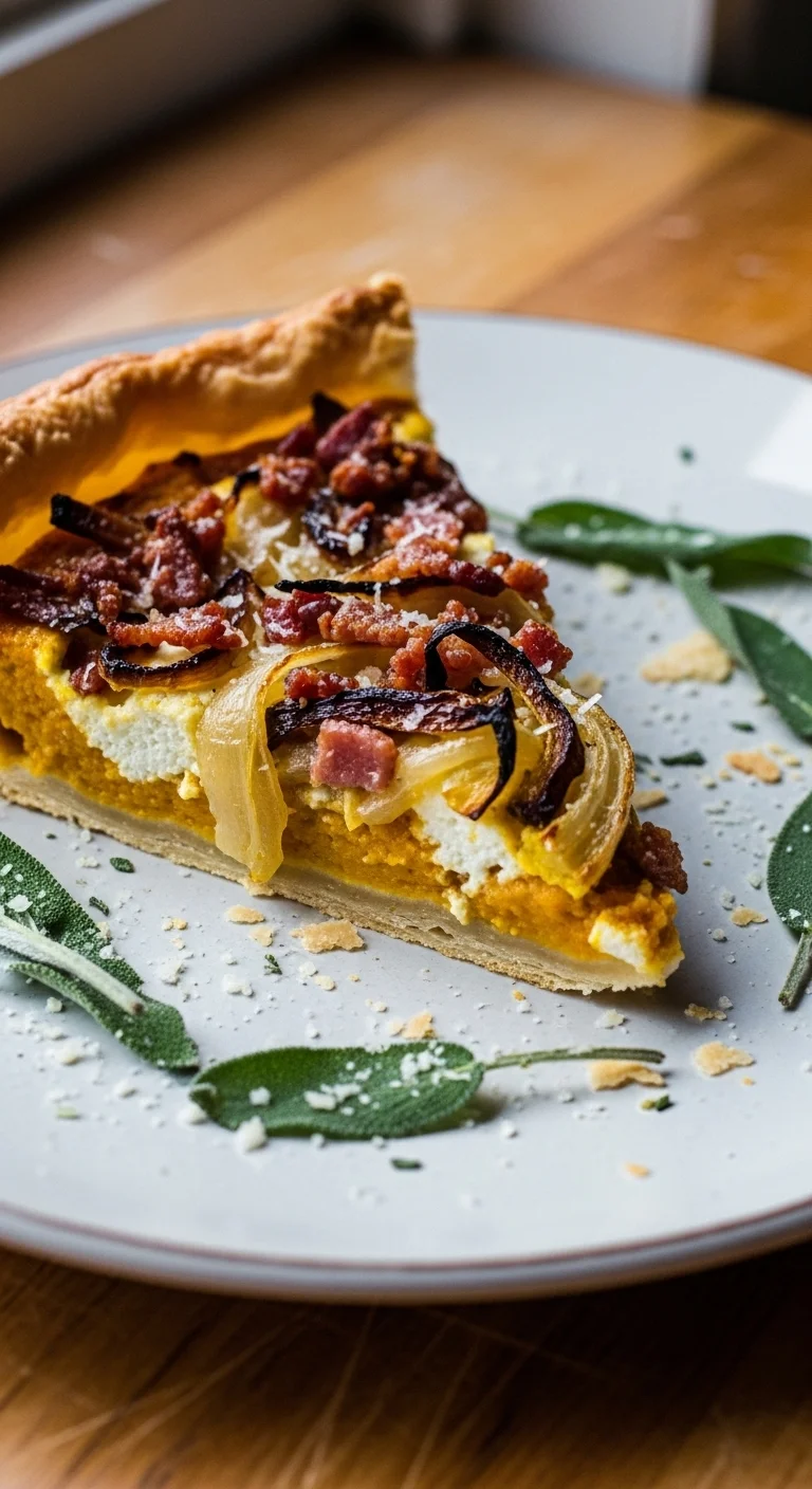 Inside view of a slice of pumpkin ricotta tart showing the layers of ricotta, pumpkin, caramelized onions, and turkey bacon.
