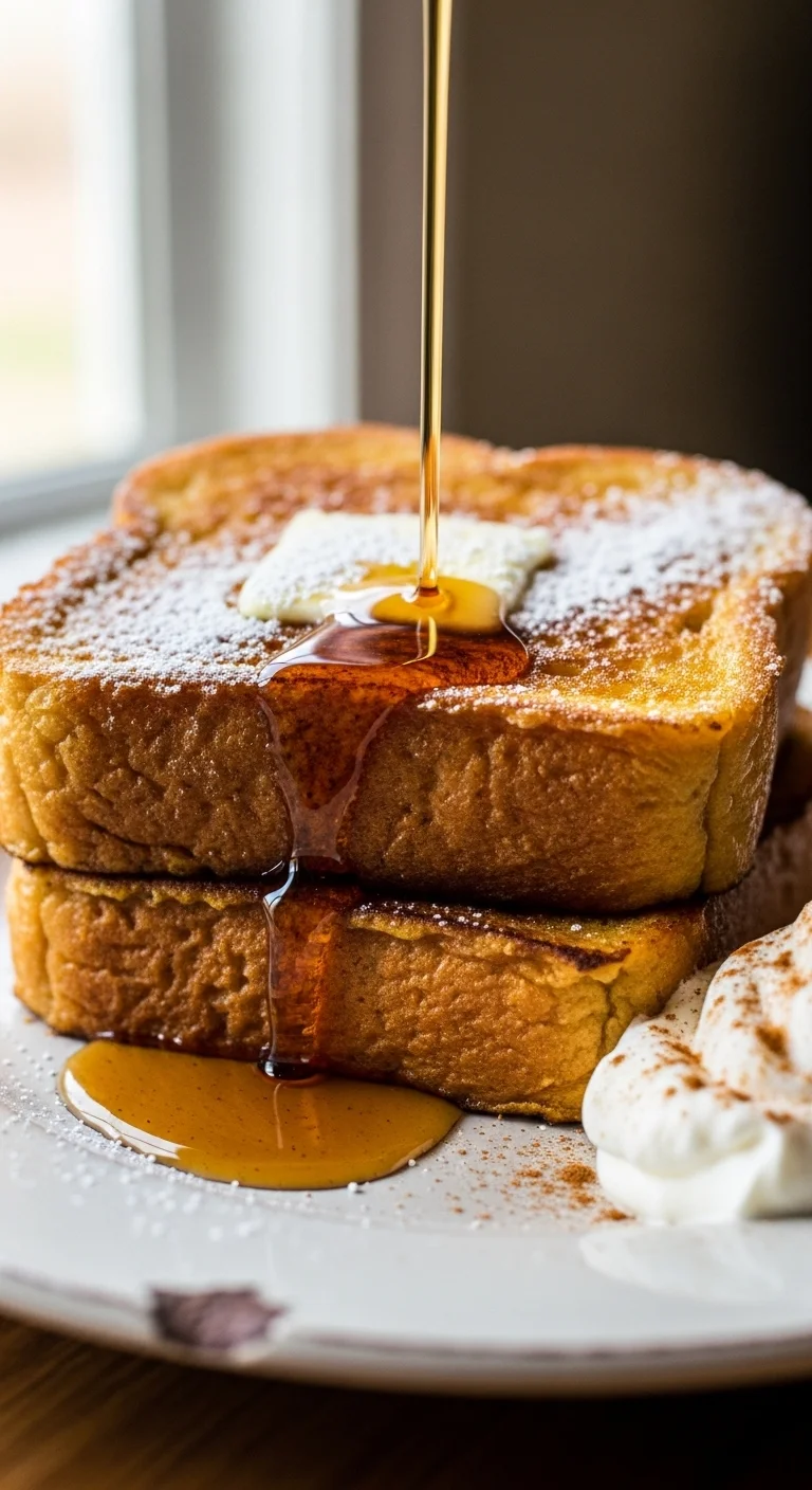 Close-up of Pumpkin Spice French Toast, drizzled with syrup, a perfect fall breakfast treat.