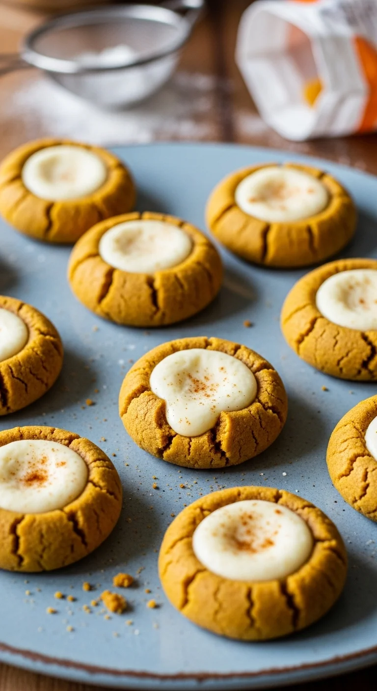 Close-up showing the creamy cheesecake filling inside a pumpkin thumbprint cookie.