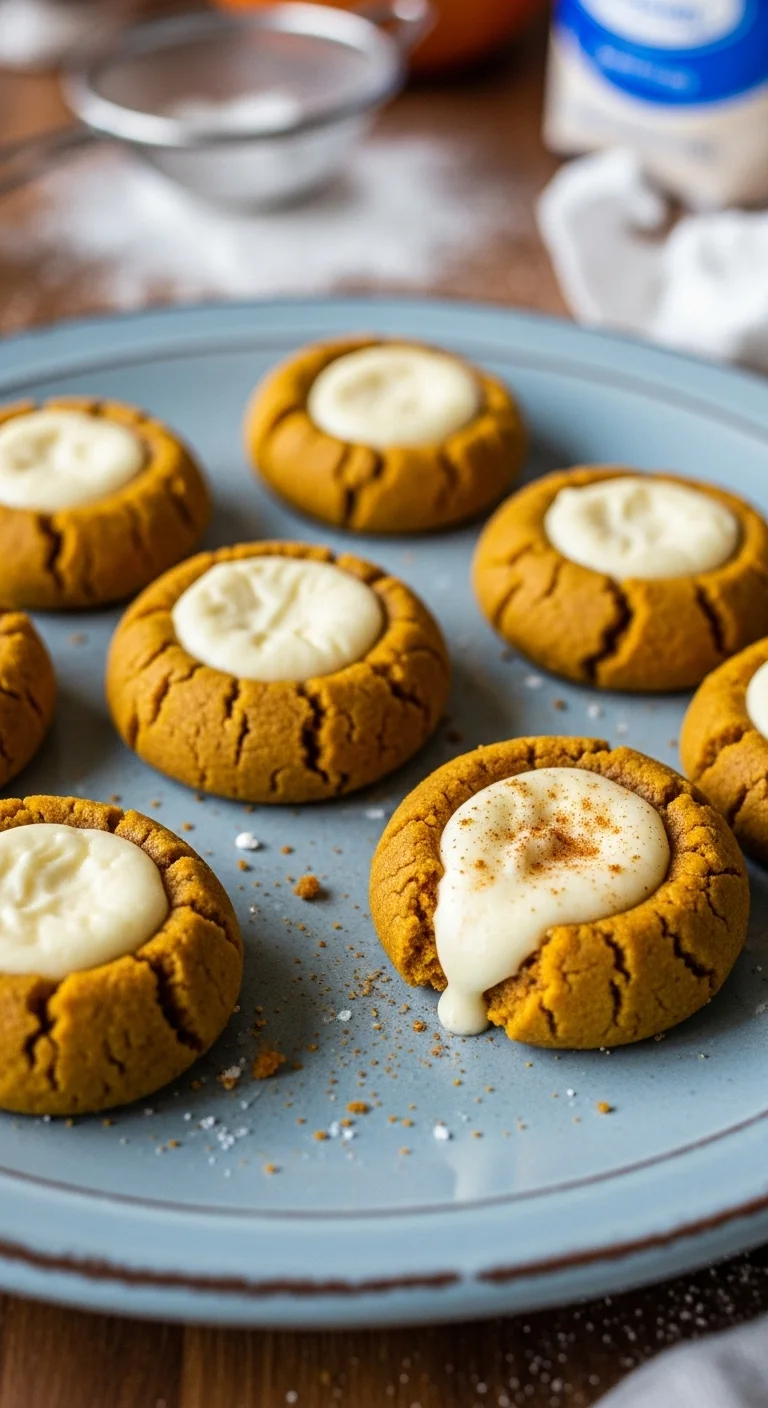 Close-up of pumpkin thumbprint cookies with creamy cheesecake filling, perfect for fall.