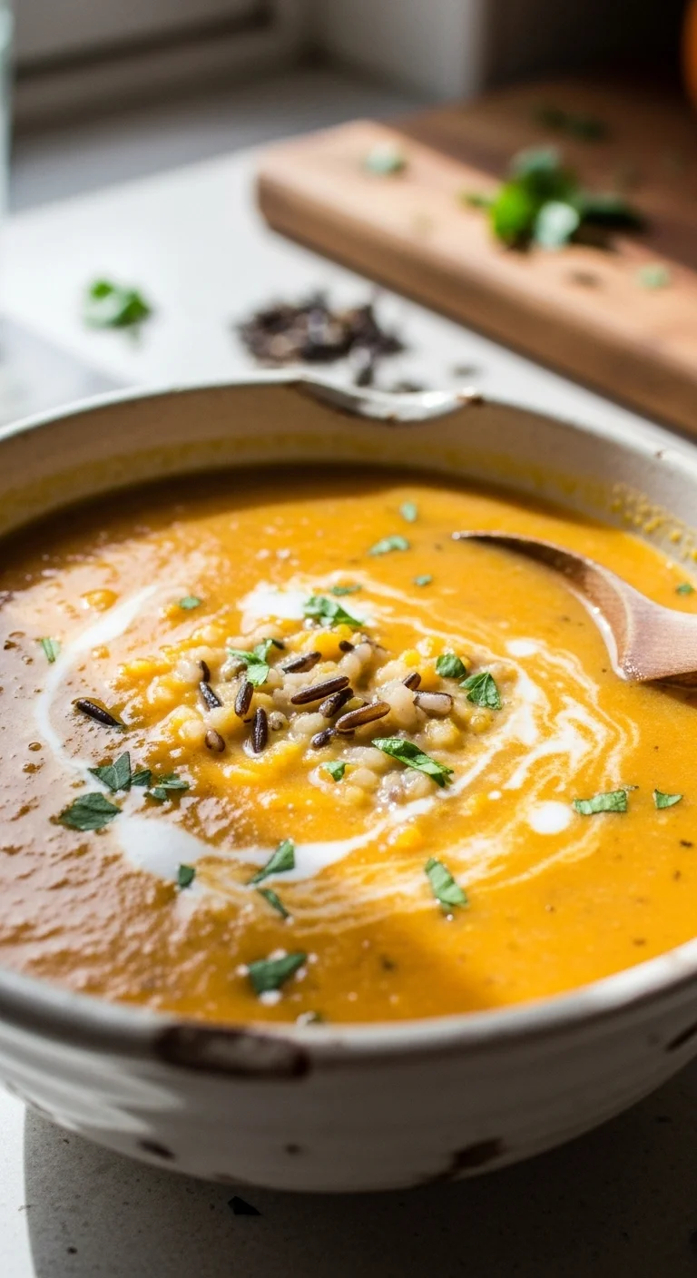 Close-up shot of creamy pumpkin wild rice soup being prepared in a pot, showing the texture and ingredients.