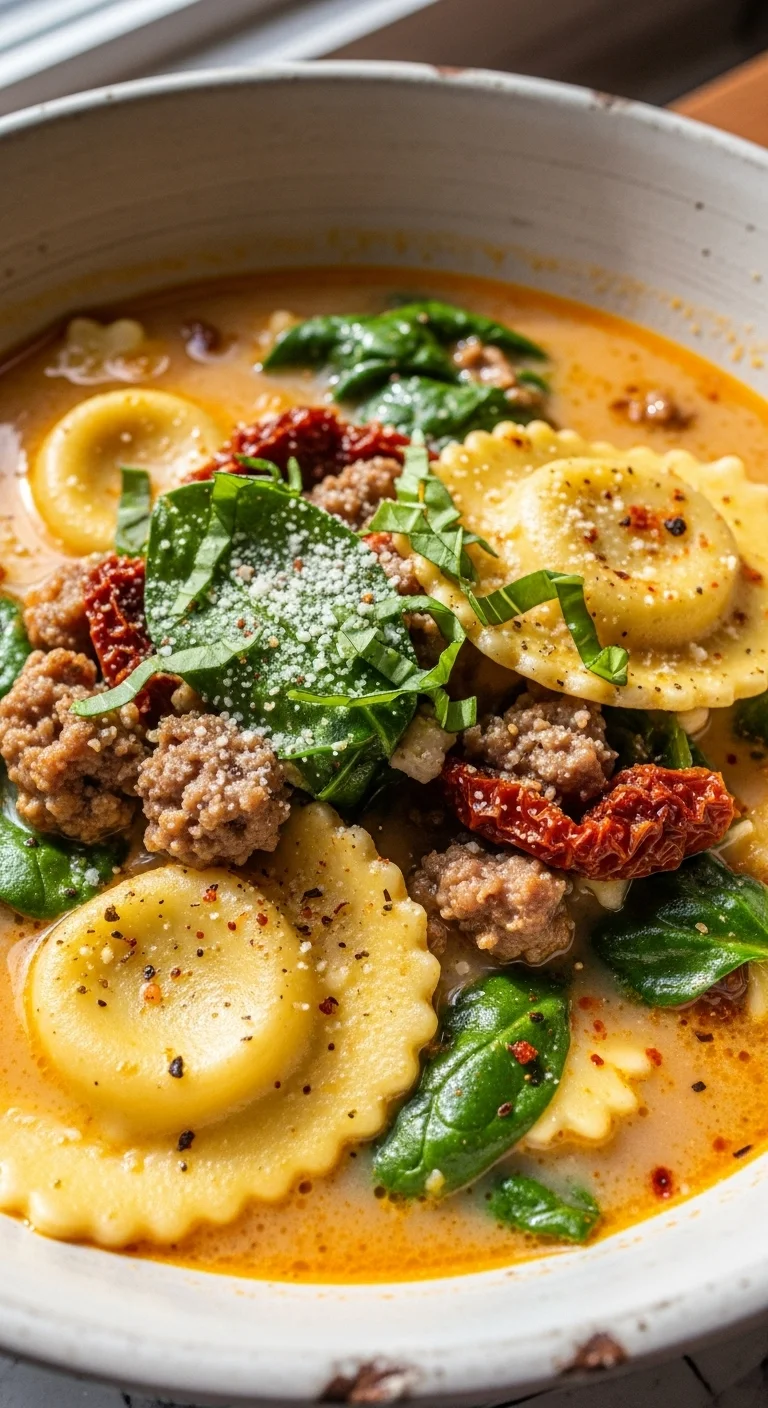 Step-by-step shot of adding sausage and spinach to creamy Tuscan ravioli soup in a pot.
