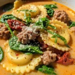 Close-up of creamy Tuscan ravioli soup in a pot, showcasing cheese ravioli, sausage, and spinach.
