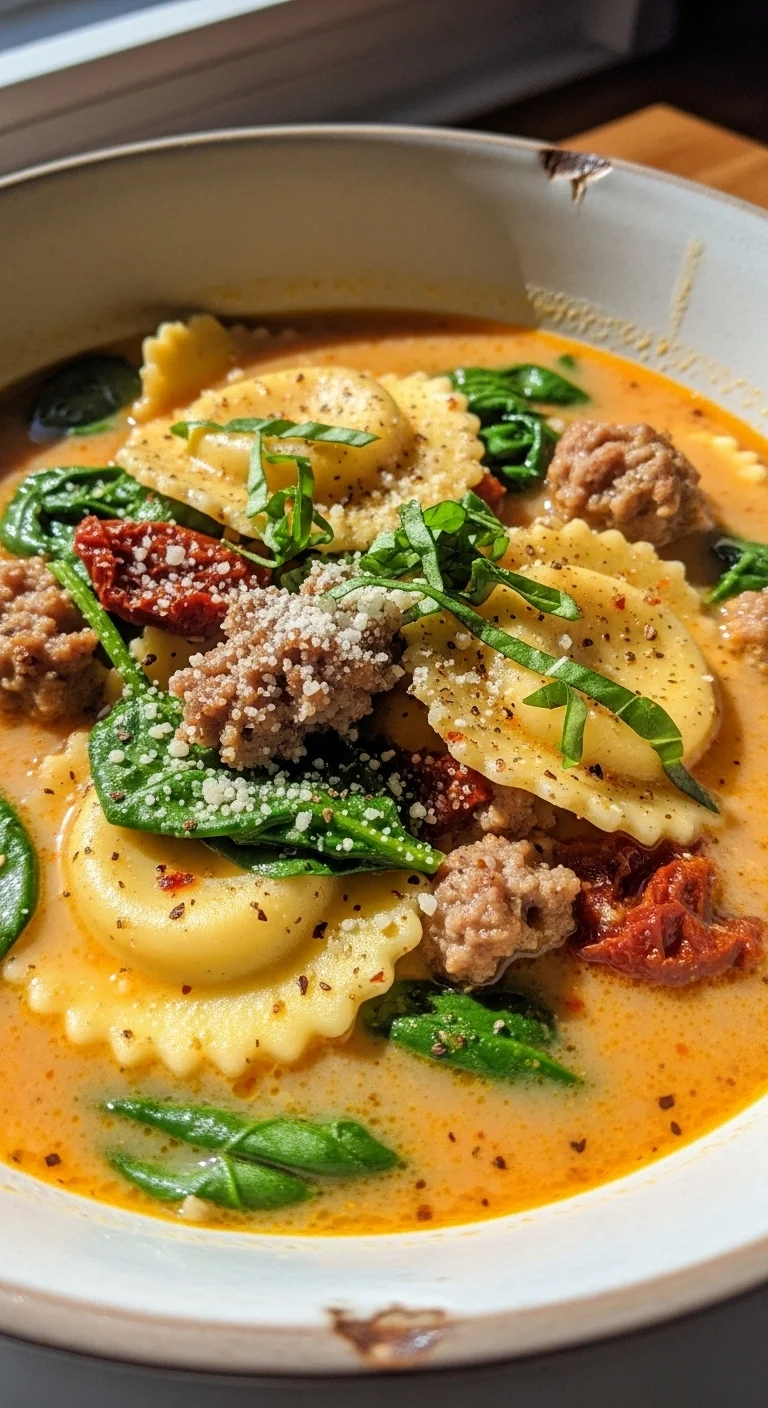 Close-up of creamy Tuscan ravioli soup in a pot, showcasing cheese ravioli, sausage, and spinach.