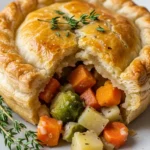 Golden brown roasted vegetable pot pie with flaky puff pastry crust, ready to eat.