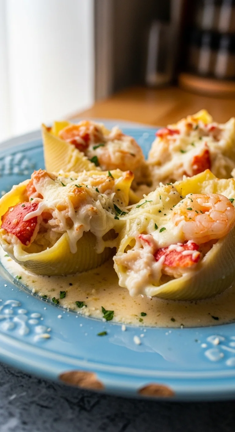 Close-up of creamy seafood stuffed shells in a baking dish, ready to be served.