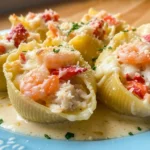 Creamy seafood stuffed shells filled with lobster, crab, and shrimp, baked with cheese.