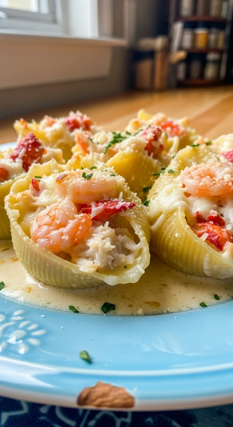 Creamy seafood stuffed shells filled with lobster, crab, and shrimp, baked with cheese.