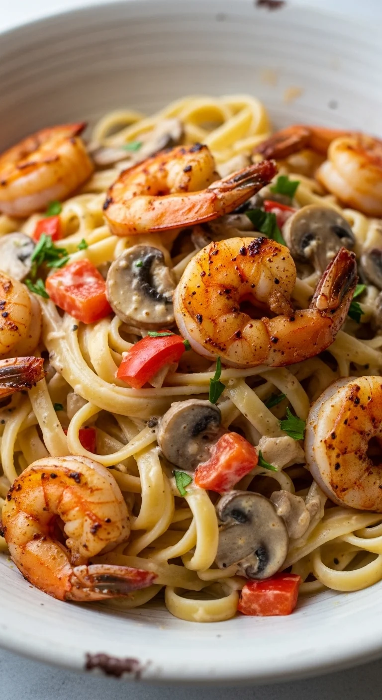 Step-by-step instructions for making creamy blackened shrimp stroganoff.
