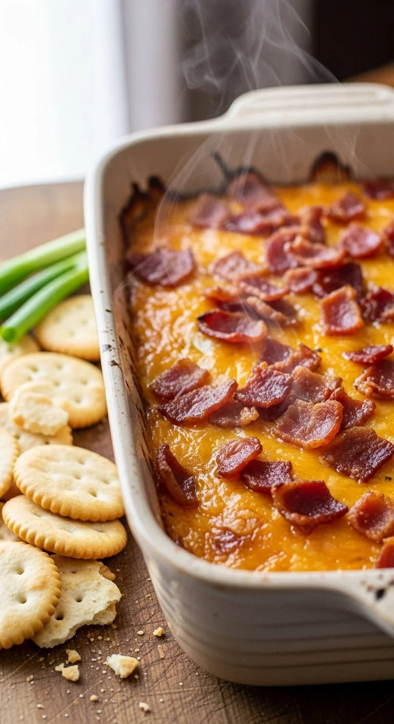Creamy smoked Gouda dip in a bowl, garnished with herbs and served with crackers. Perfect party appetizer.