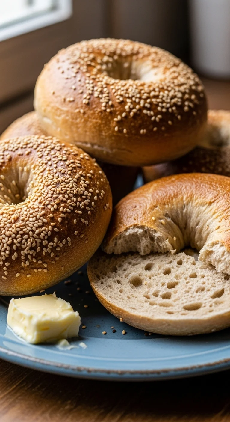 Close-up of sourdough bagel dough being shaped before boiling and baking.