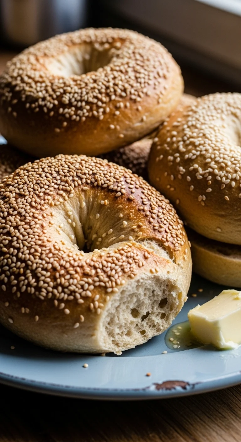 Homemade chewy sourdough bagels recipe, showcasing a golden-brown crust and fluffy interior.