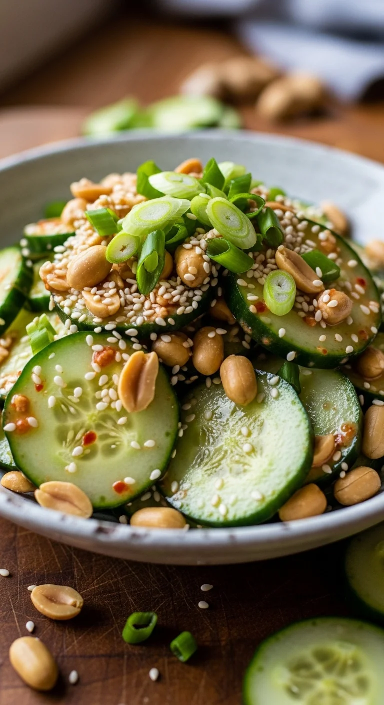 Close-up of spicy peanut cucumber salad in a bowl, showcasing the vibrant colors and creamy dressing.
