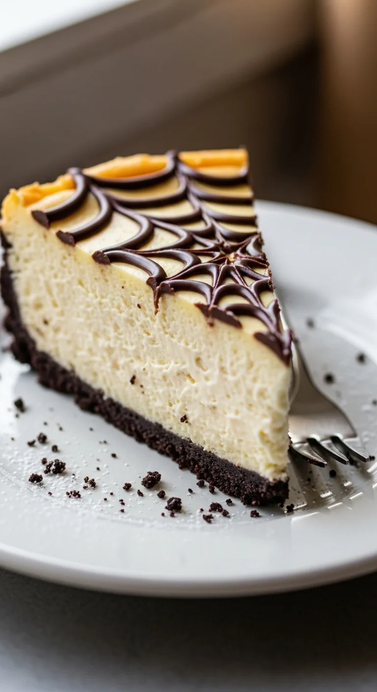 Close-up of the chocolate spiderweb design on the Spiderweb Cheesecake, using melted chocolate and a toothpick.