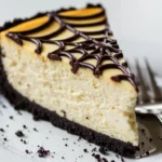 Finished Spiderweb Cheesecake Recipe. Dark chocolate crust, creamy vanilla filling, and chocolate spiderweb design.