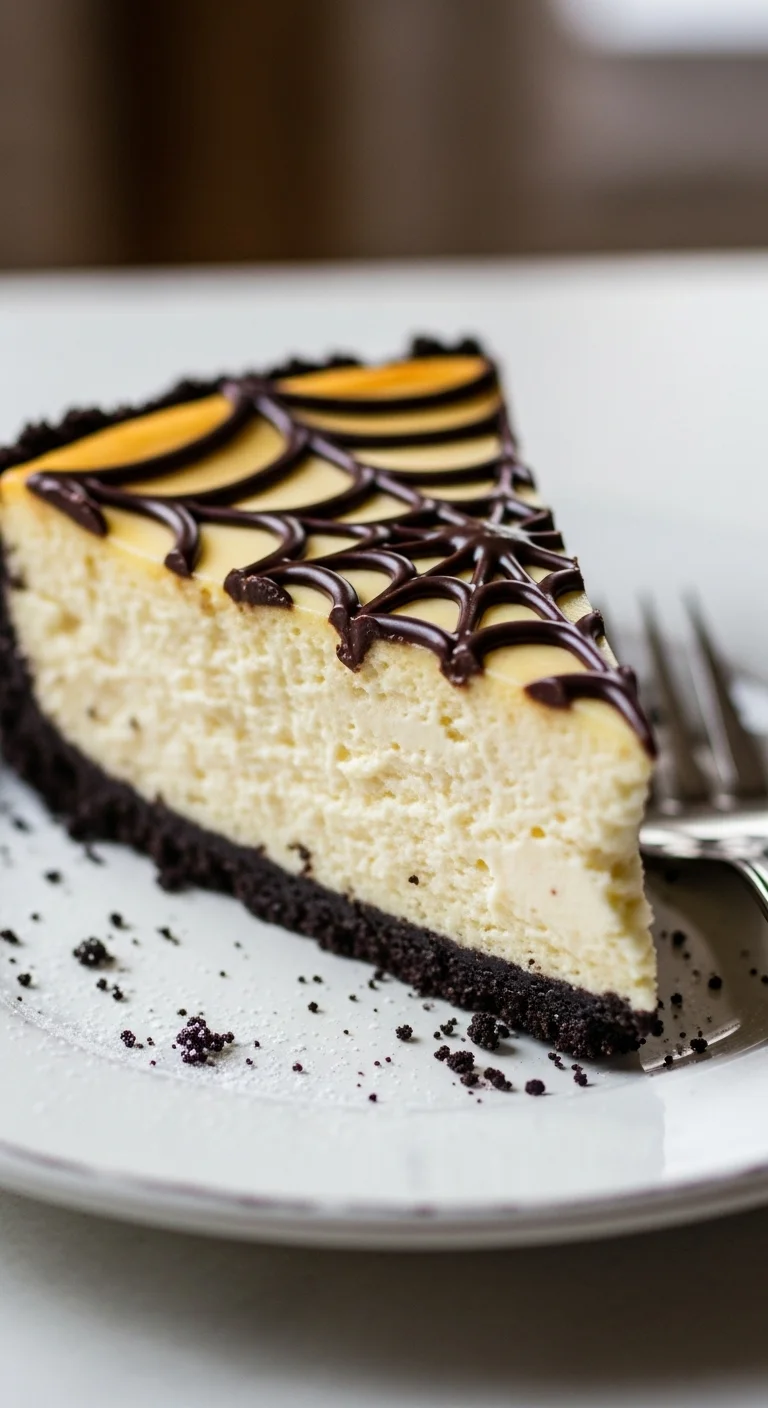 Finished Spiderweb Cheesecake Recipe. Dark chocolate crust, creamy vanilla filling, and chocolate spiderweb design.