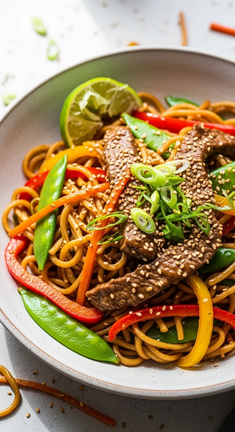 Close-up of delicious sticky beef noodles, featuring tender beef and a savory sauce.